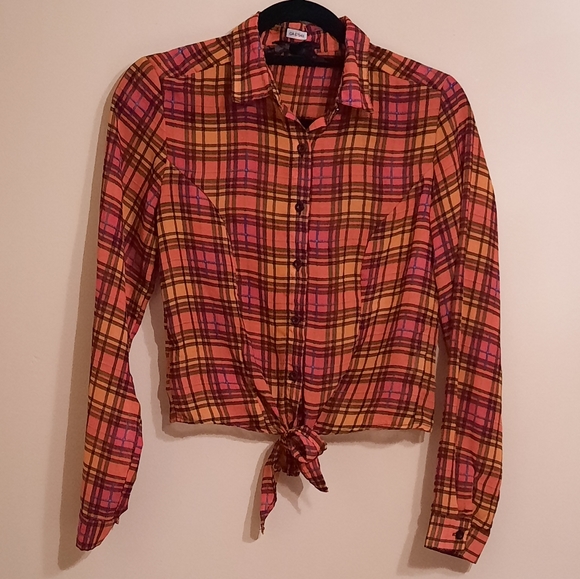 Button Down Tie-Front Plaid Shirt Blouse Size S - Picture 1 of 7